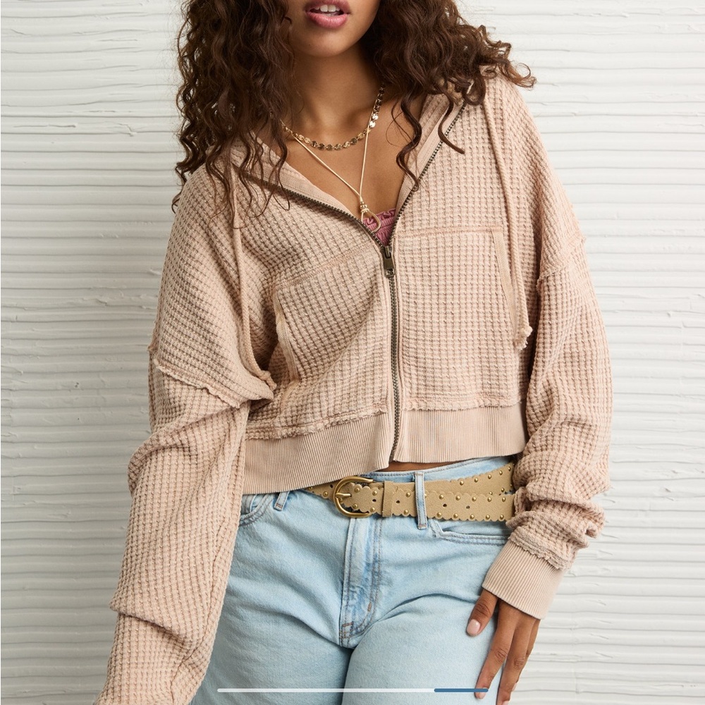 AE Cropped Waffle Zip-Up Hoodie Lightweight Cozy